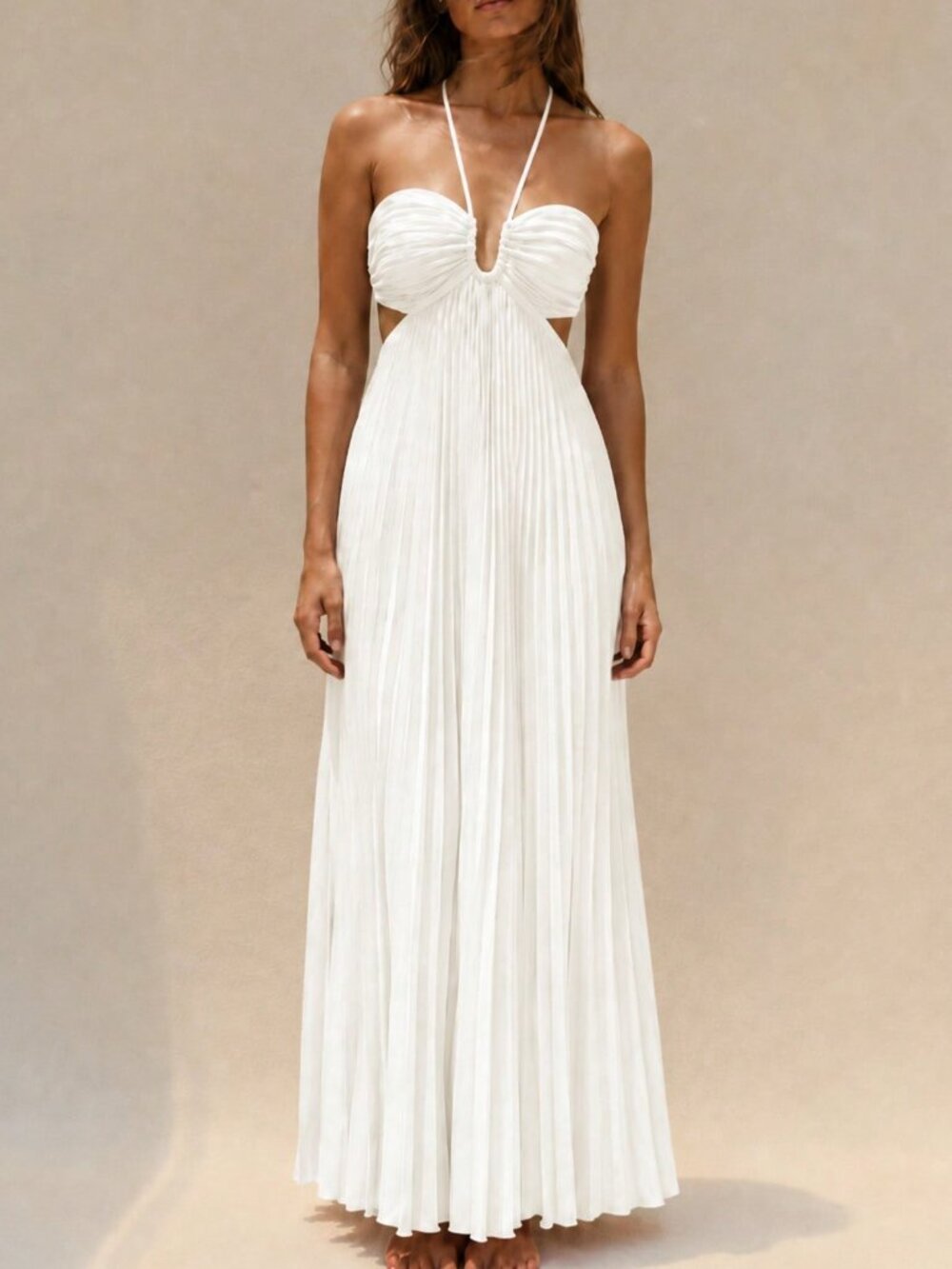 White Elegant Women's Pleated Cami Maxi Dress - Picture 3 of 4